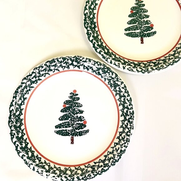Furio La Primula Christmas Tree Vintage Dinner Plates Spongeware Set of 2 Italy